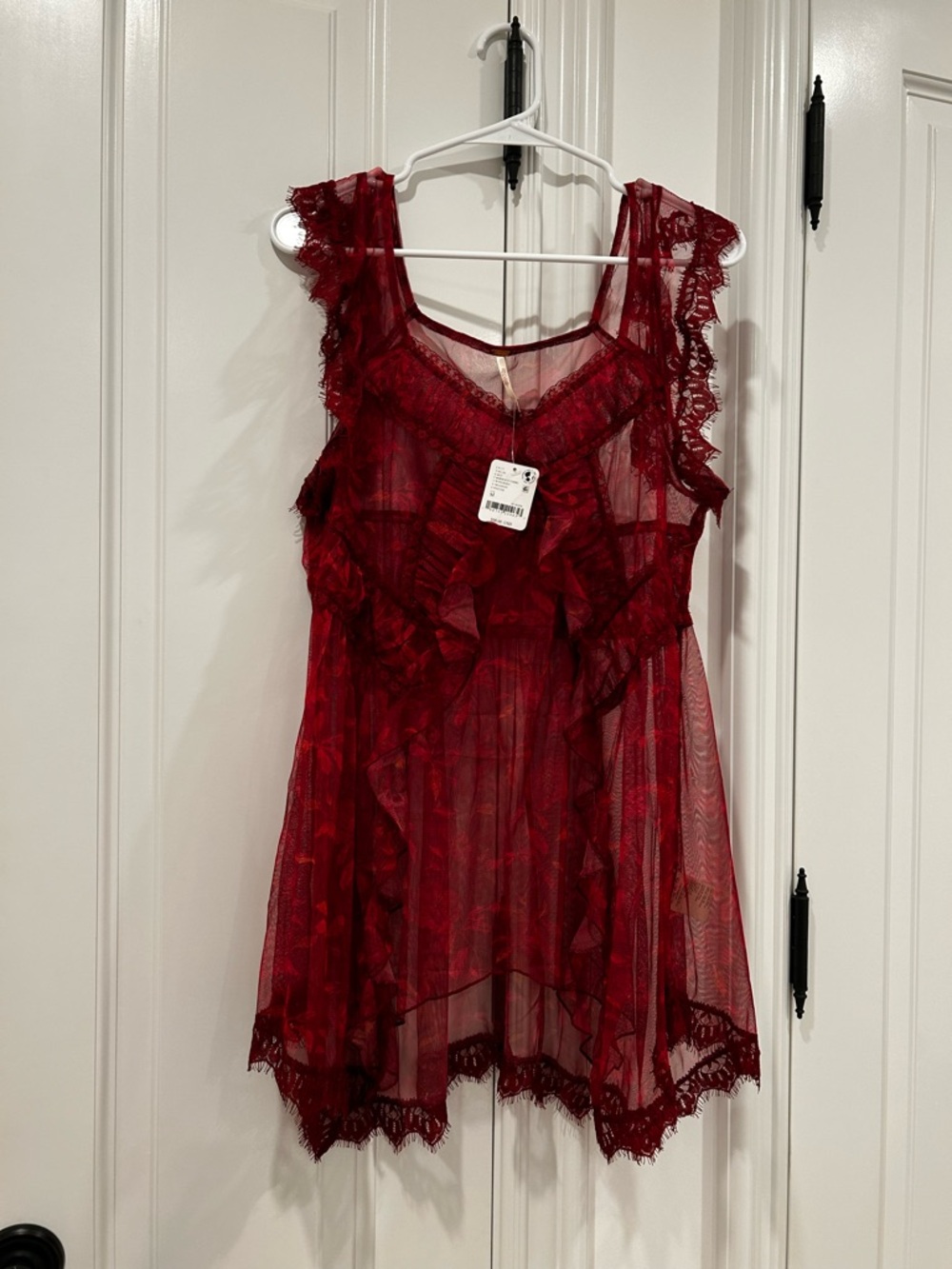 Free People Burgundy Sheer Ruffle Lace Mini Dress